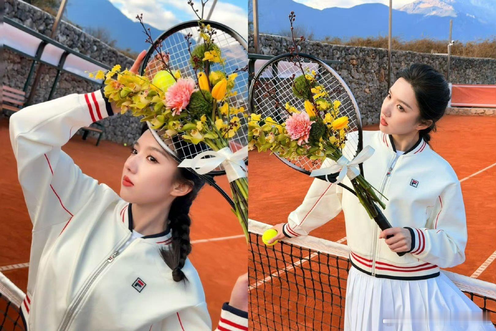 苏晓彤雪山下的网球少女 雪山背景红土球场，苏晓彤化身活力网球少女，运动装利落，麻