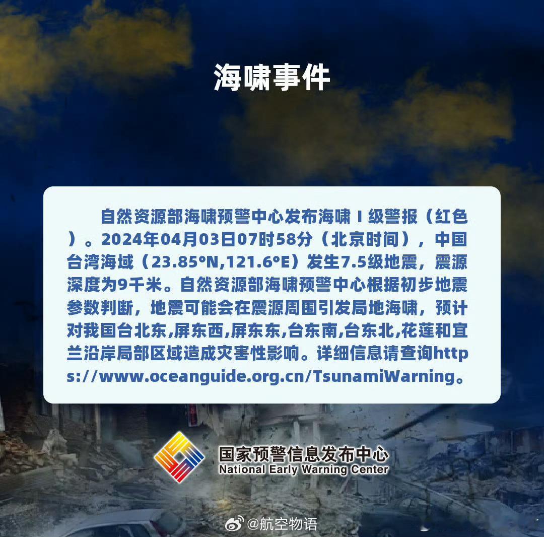 自然资源部海啸预警中心发布海啸Ⅰ级警报（红色） ​​​