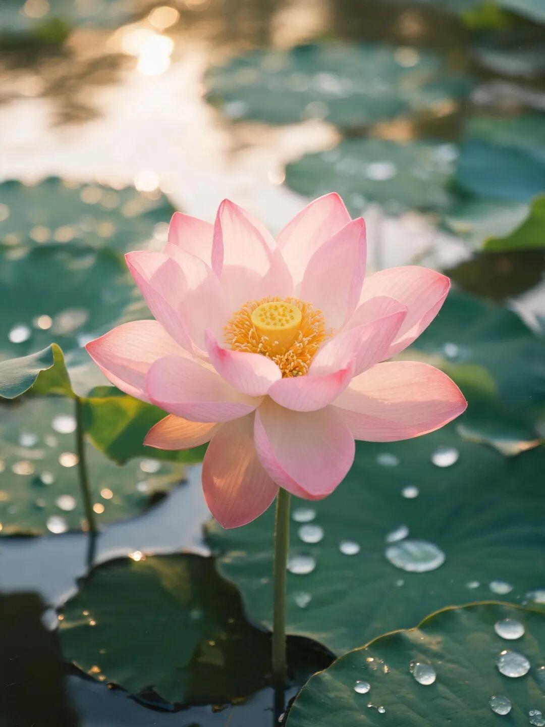 夏日生活打卡季粉嫩荷花开满池塘，阳光洒下景色美不胜收。