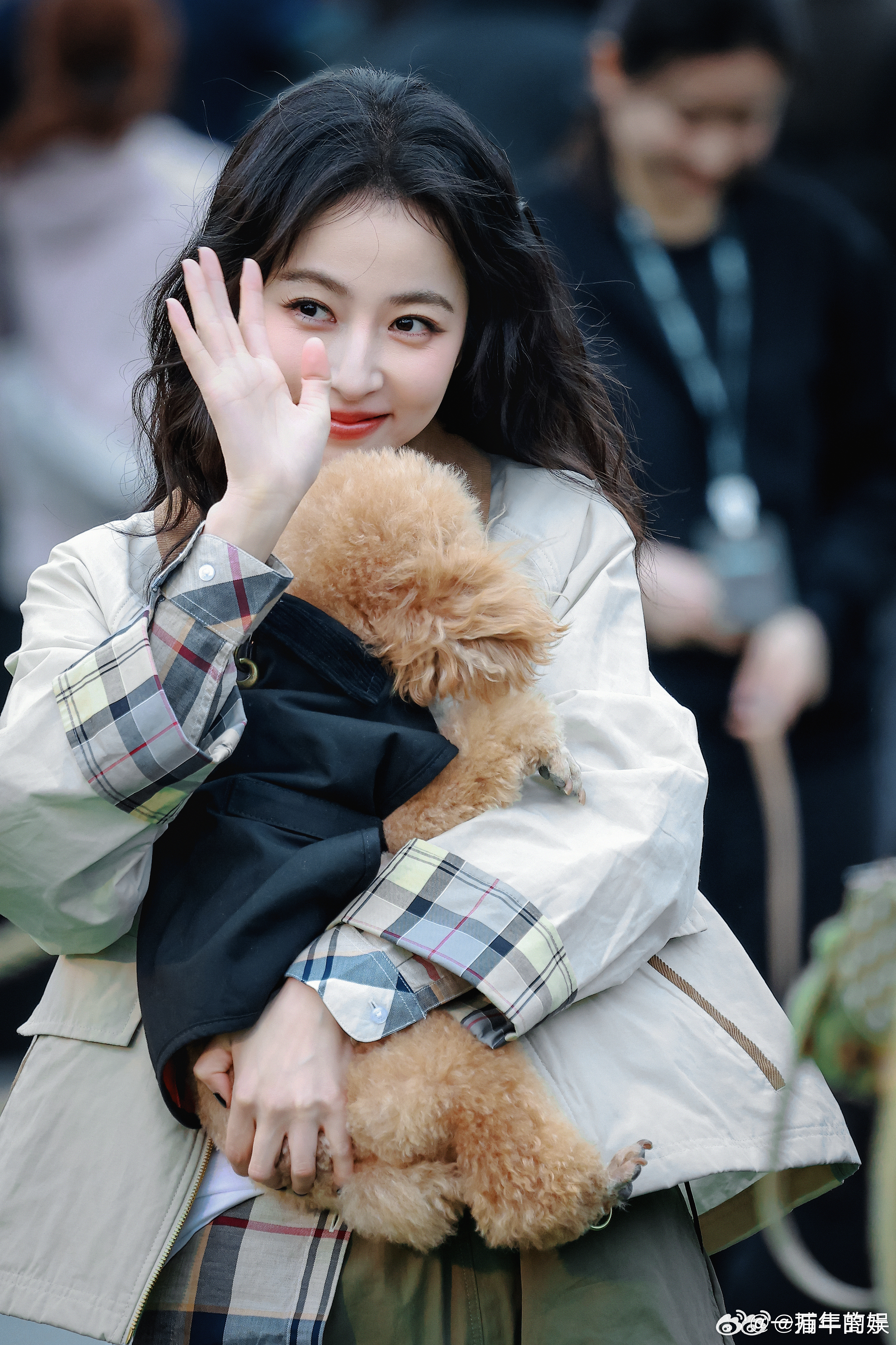 想魂穿周雨彤手里牵着的那只小狗被周雨彤的英伦风硬控了 羊毛卷姐姐对镜头比耶，小狗