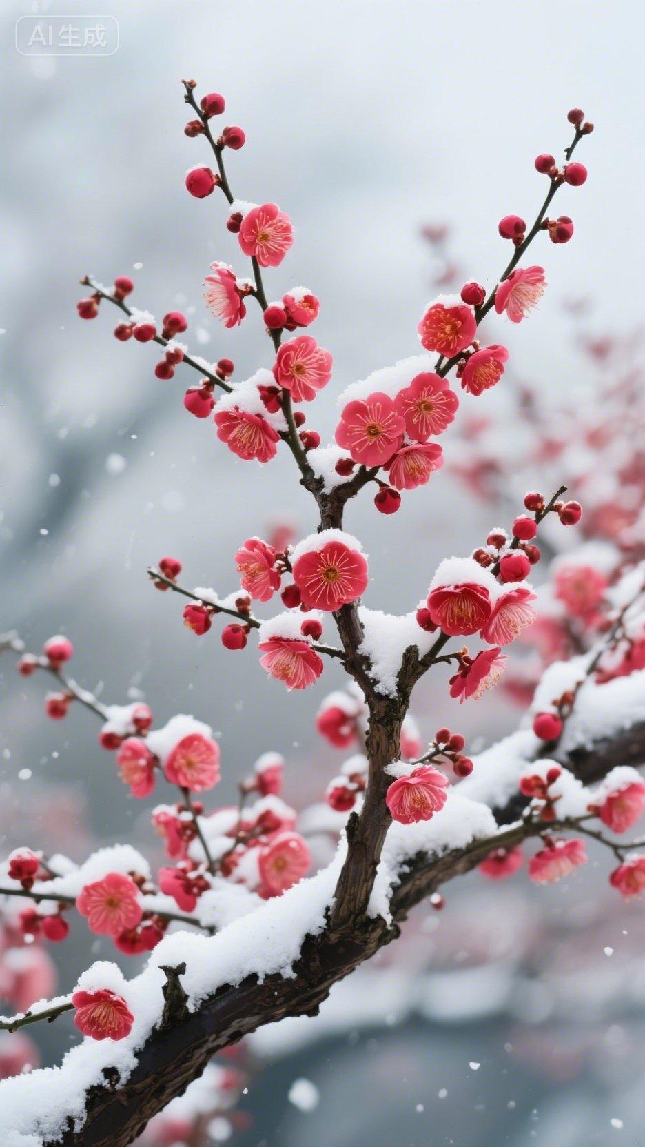  琼枝覆雪胭脂色，傲骨凌霜独自开。