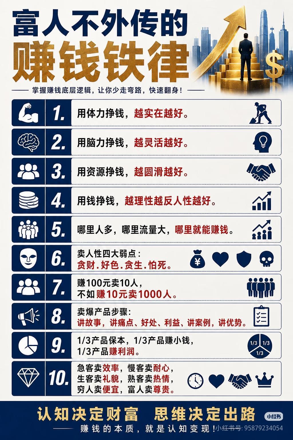 富人秘而不宣的赚钱底层铁律
 
绝大多数人一辈子赚不到大钱，根本不是不够努力，而