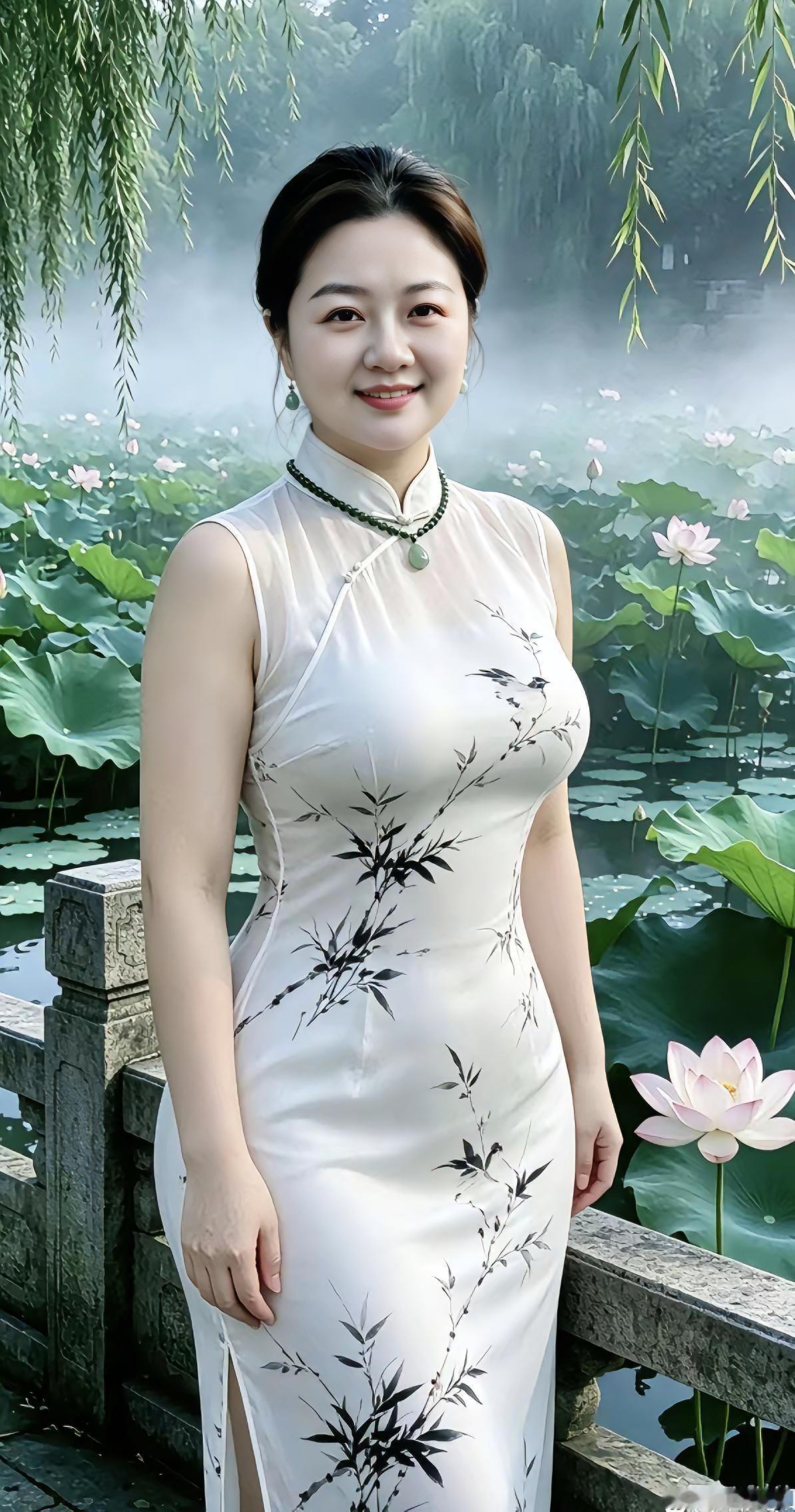 荷塘旗袍佳人
一池荷香漫满塘，
袅袅垂柳拂堤旁。
薄雾悠悠水面荡，
朵朵荷花绽芬