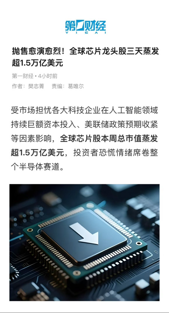 【 抛售愈演愈烈！全球芯片龙头股三天蒸发超1.5万亿美元 】　　（第一财经 20
