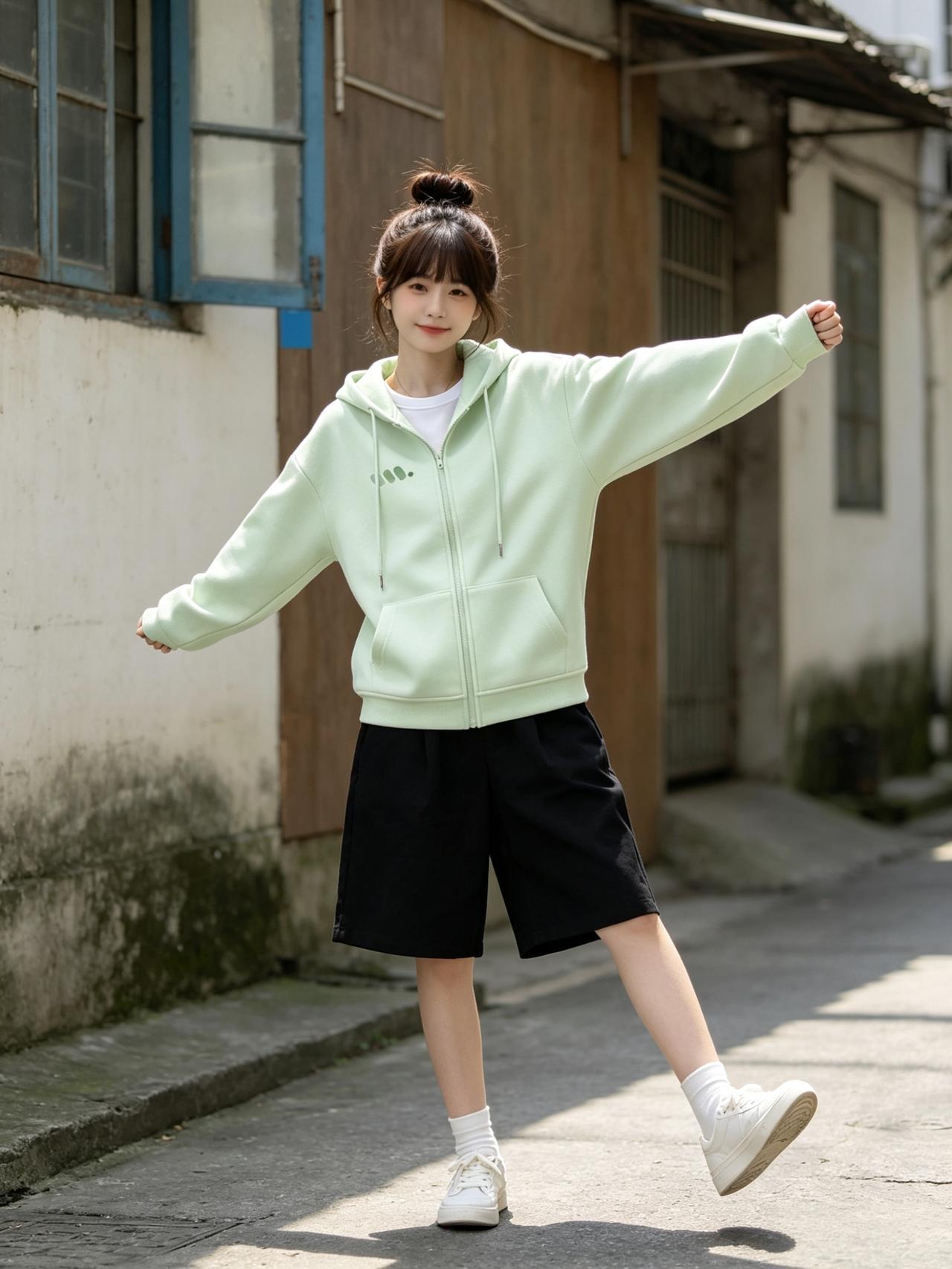 元气少女穿搭指南：清新薄荷绿卫衣+黑色短裤，活力满满！🌞👟小个子女生如何选择