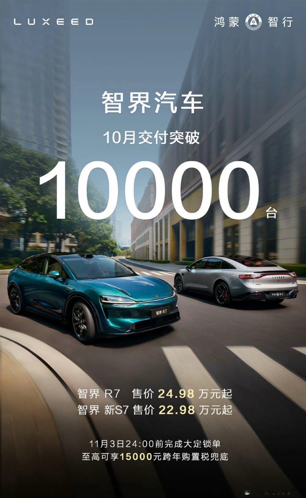 智界汽车10月交付破万台！我是9月底提的智界R7，现在开了四千多公里，上周自驾去