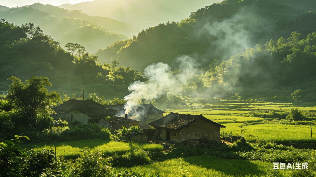 田园风光入画来，青山绿水绕农家，炊烟袅袅，草木葱茏，满是淳朴自然的诗意与温柔。