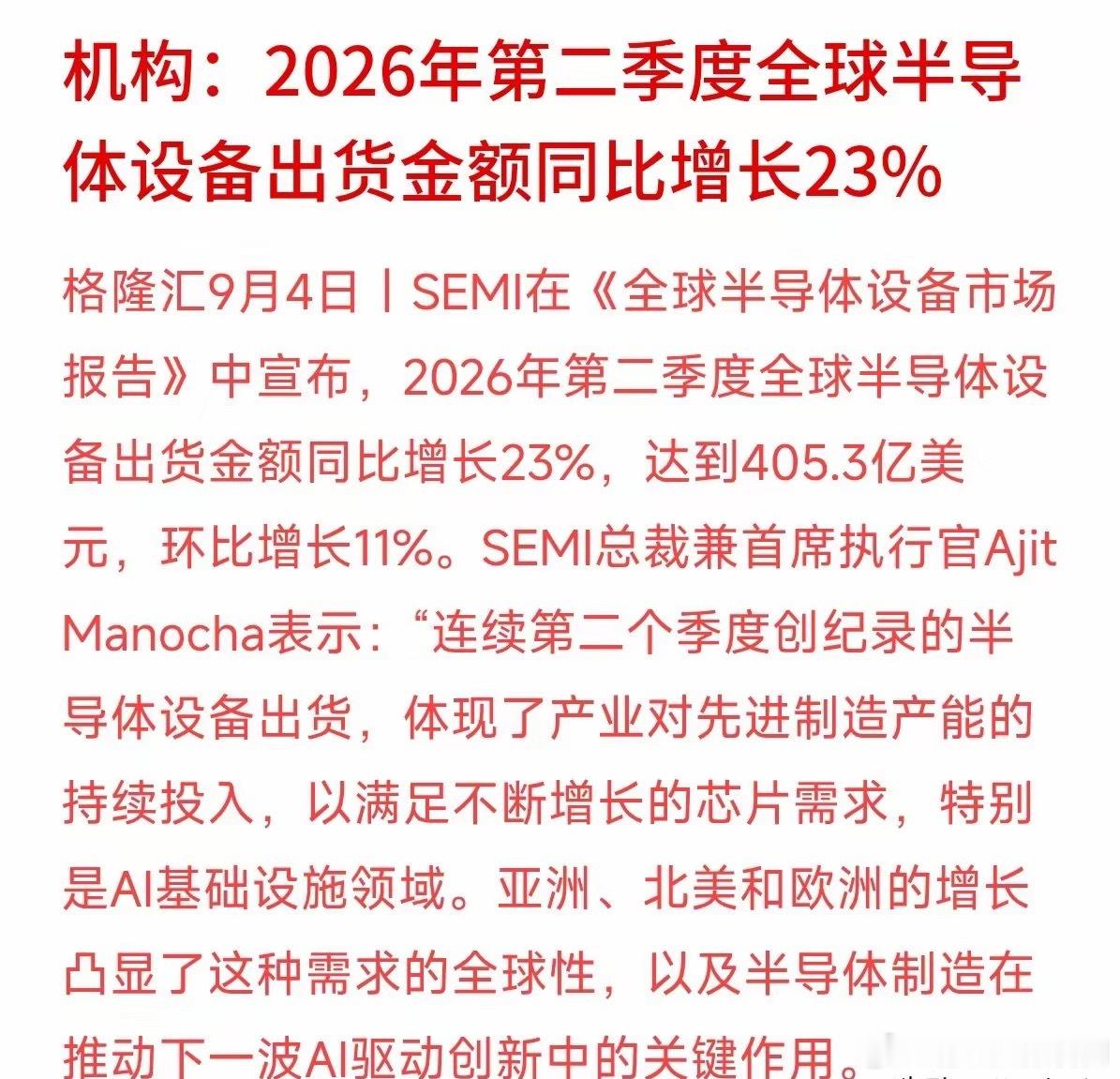 405亿美元！全球半导体“买铲子”的金额又创纪录了。SEMI最新报告显示，202
