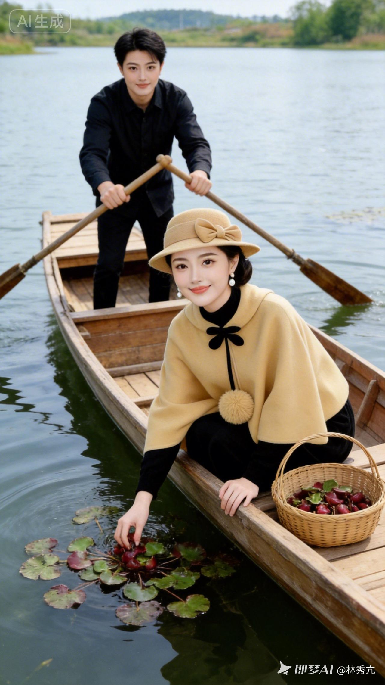 夏日湖畔，轻舟荡漾，采摘莲蓬，悠然自得。