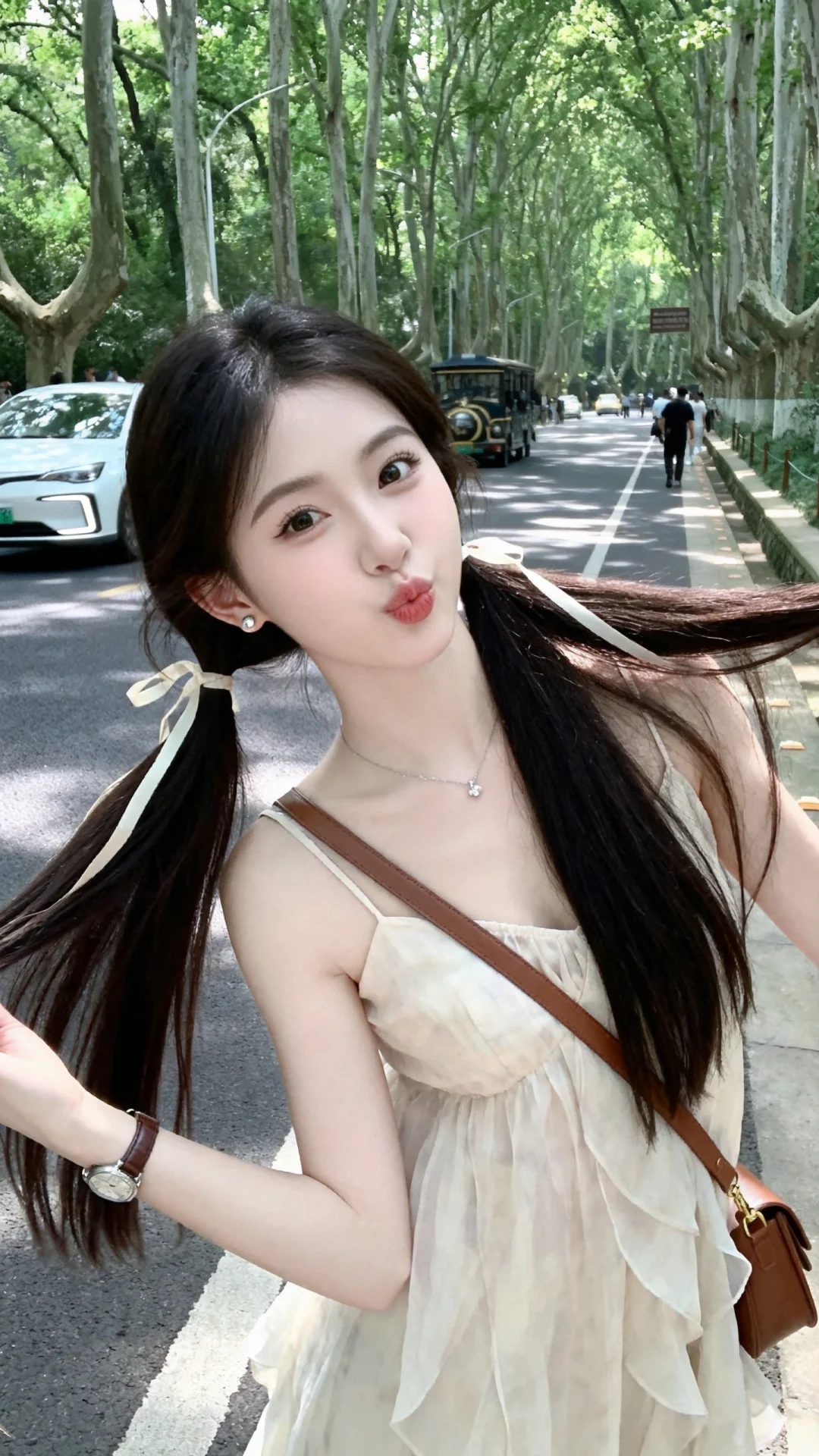 一位年轻美女，身穿浅色雪纺裙，搭配棕色单肩包，整体造型时尚休闲且随性潮...