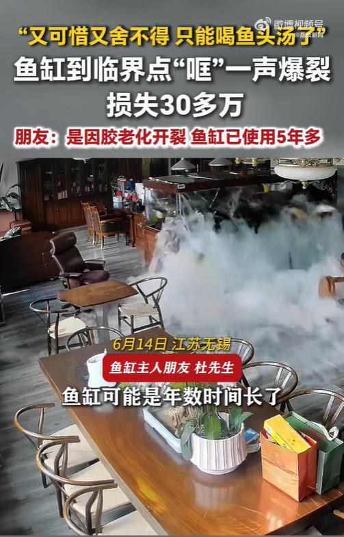 [下雨]“太惨了！”6月14日，江苏无锡,一男子家中养了五年的大鱼缸，因为胶体老