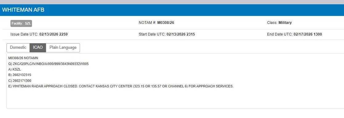 位于密苏里州的怀特曼空军基地，美国空军B-2隐形轰炸机的驻扎地，目前正处于临时停