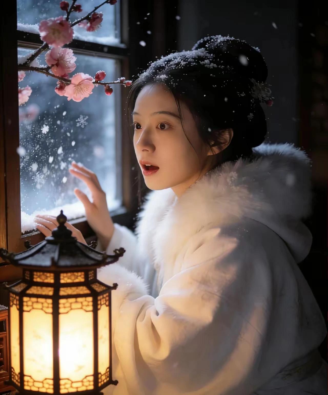 梅花欢喜漫天雪，
触景生情盼春来。