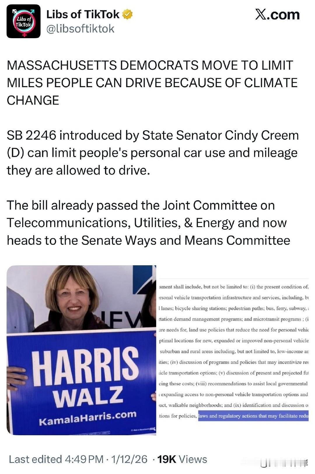 马萨诸塞州民主党人因气候变化而推动限制居民可驾驶里程。

由州参议员 Cindy