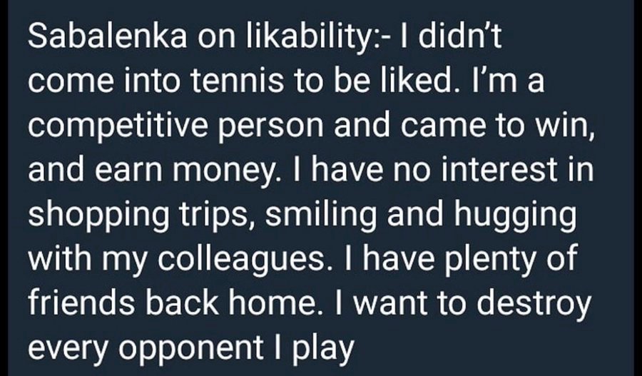 外网有球迷也提到，前几年萨巴伦卡也是有着和现在郑钦文类似的观点，但现在她也变得不