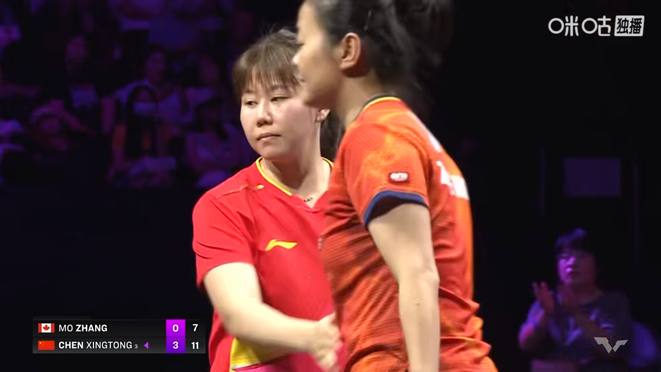 陈幸同3比0张默(11-6，11-3，11-7)晋级女单八强wtt横滨冠军赛20