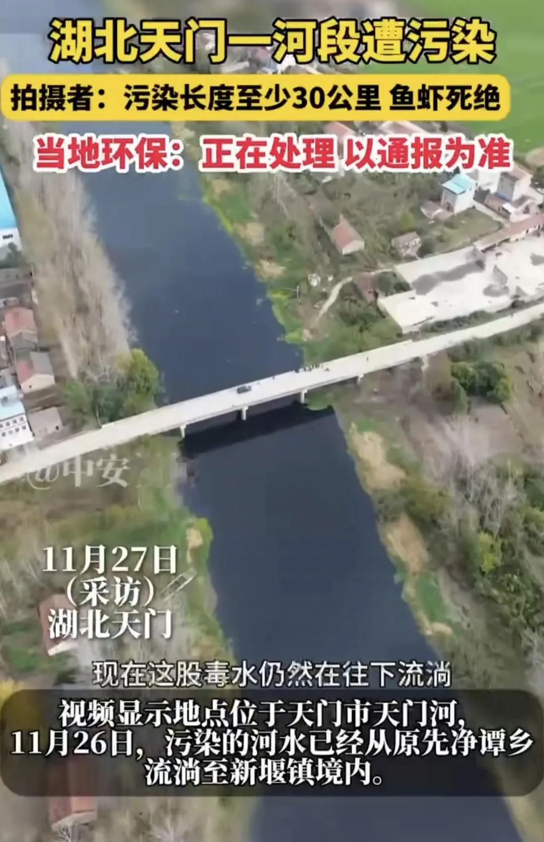 有网友视频反映湖北天门市天门河遭到严重污染，污染长度至少30km，部分区域鱼虾死