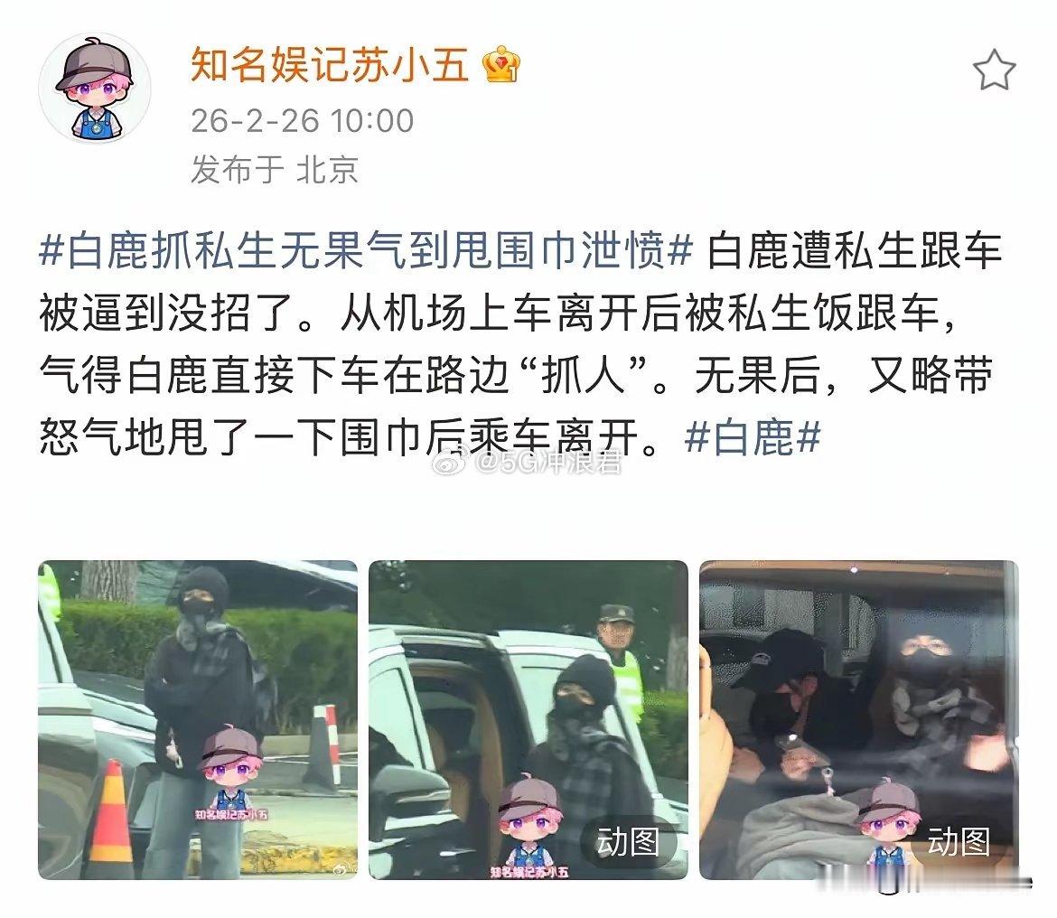 白鹿抓私生无果气到甩围巾泄愤，本来准备下车跟私生理论一番的白鹿，在看到毫不畏惧的