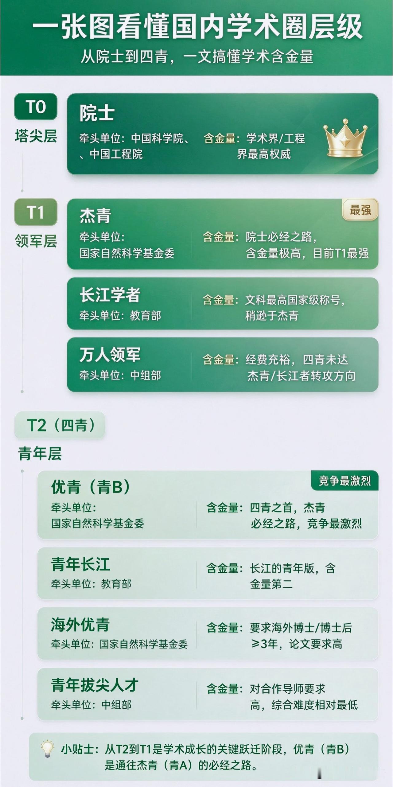 一张图看懂国内学术圈层级：院士、杰青、四青到底是什么？含金量差别很大！
 
👑