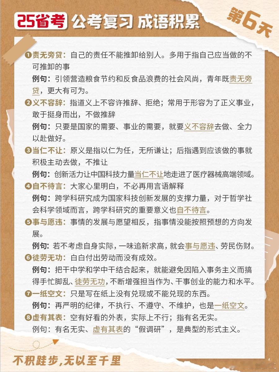 25省考成语积累第六天责无旁贷 义不容辞 当仁不让 自不待言事与愿违 徒劳无功 