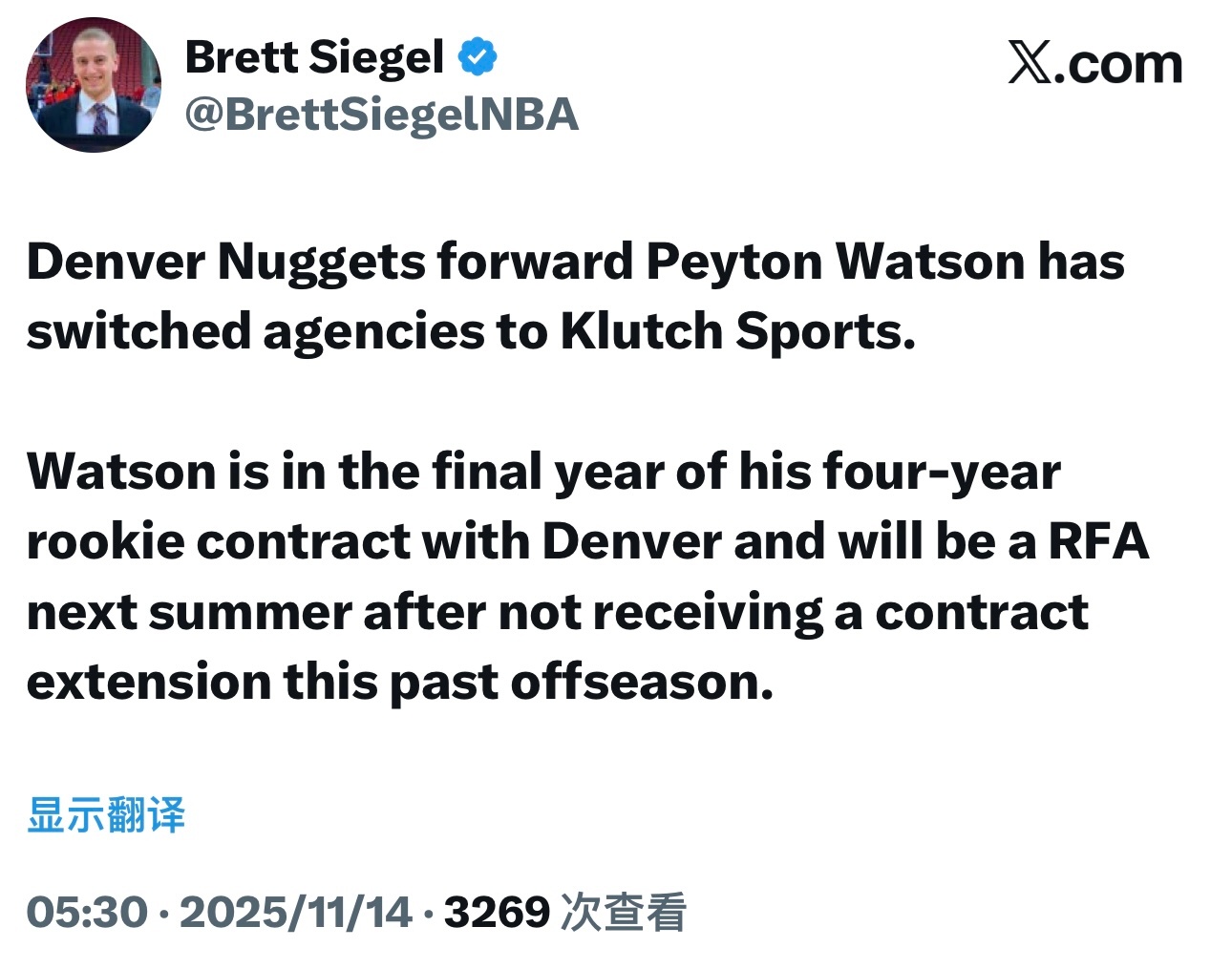 掘金前锋佩顿·沃特森更换经纪公司，转投Klutch Sports。他目前处于四年