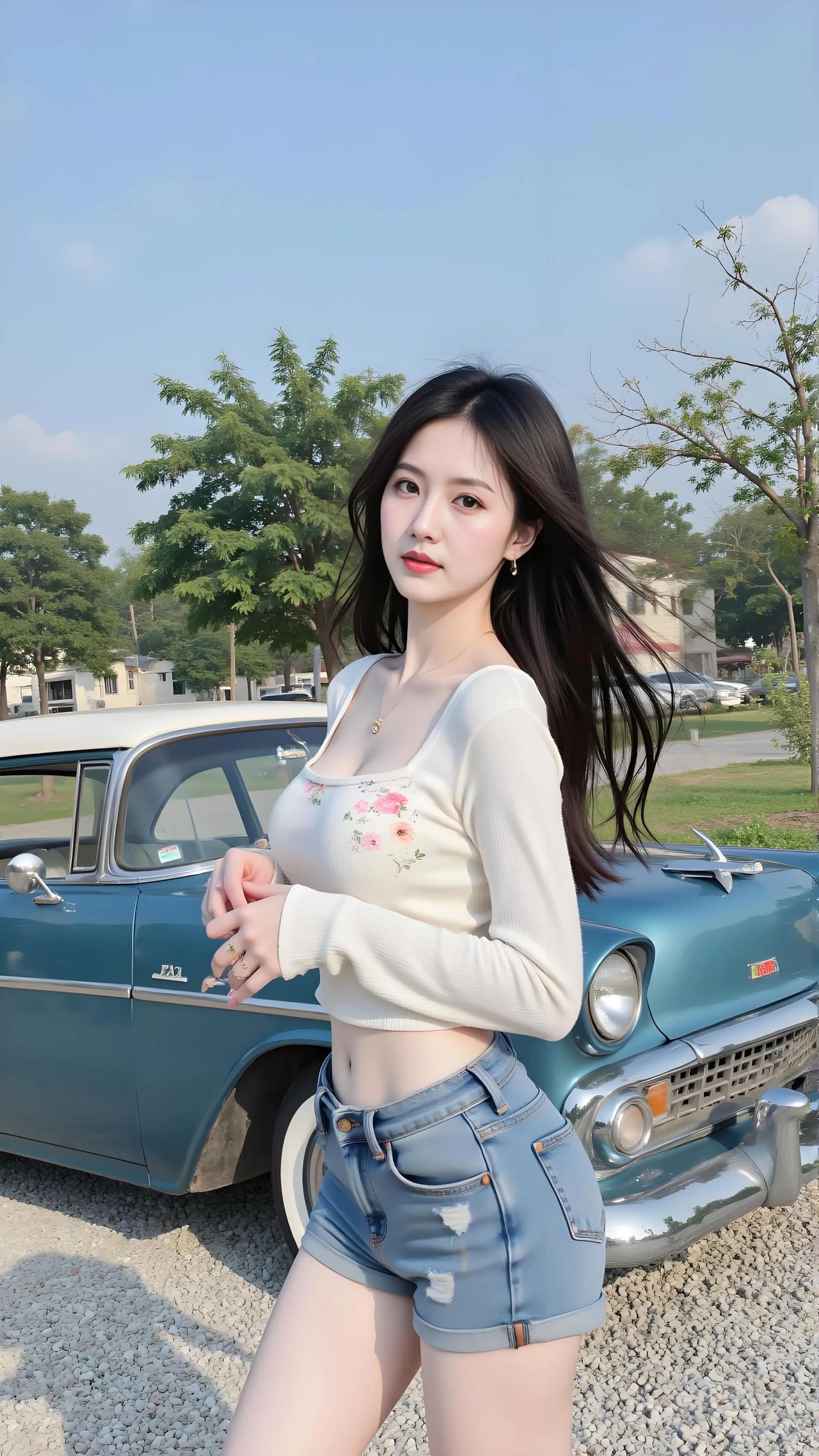 米白绣花针织衫勾勒柔美曲线，浅蓝破洞牛仔短裤尽显修长双腿，她立于复古蓝轿车旁，长