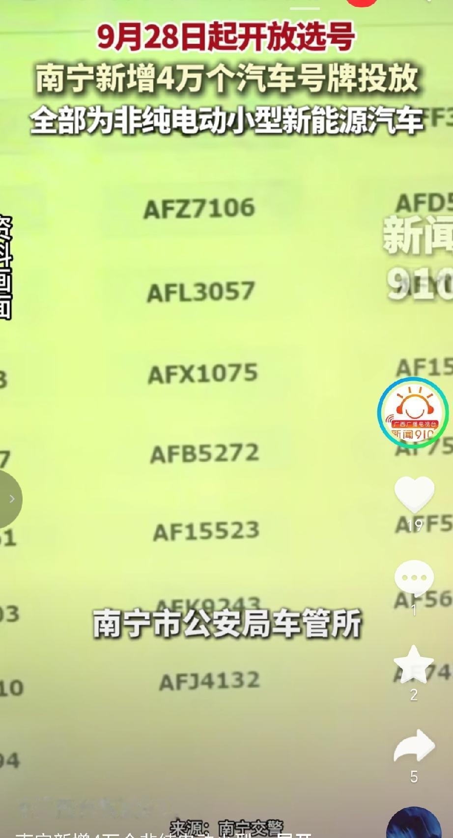 9月28日起，南宁市公安局车管所将新增投放4万个非纯电动小型新能源汽车号牌，号牌