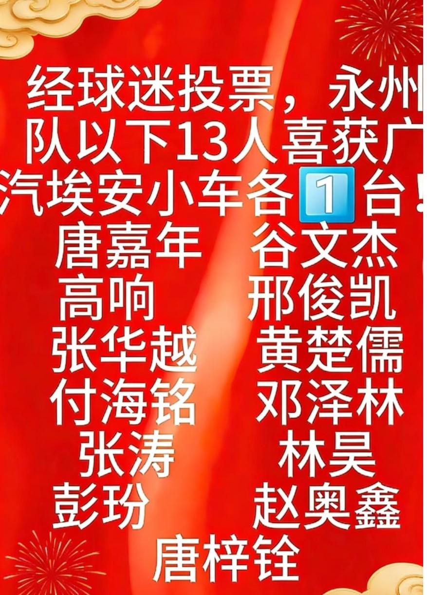湘超永州队夺冠赠车的名单千呼万唤终于出来了，总共有13位球员享此殊荣！
可对于“