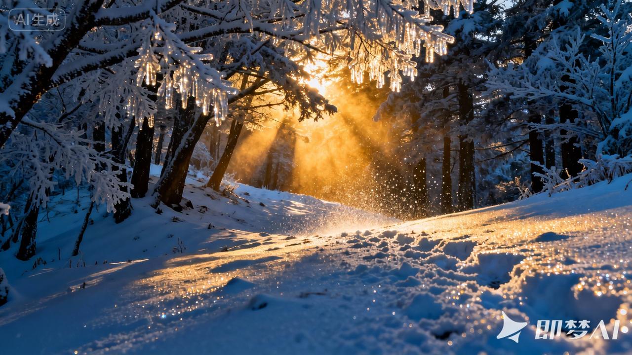 冬日生活打卡季在雪后静谧的山林中，一位登山者缓步前行，周围的树枝上挂满晶莹剔透的