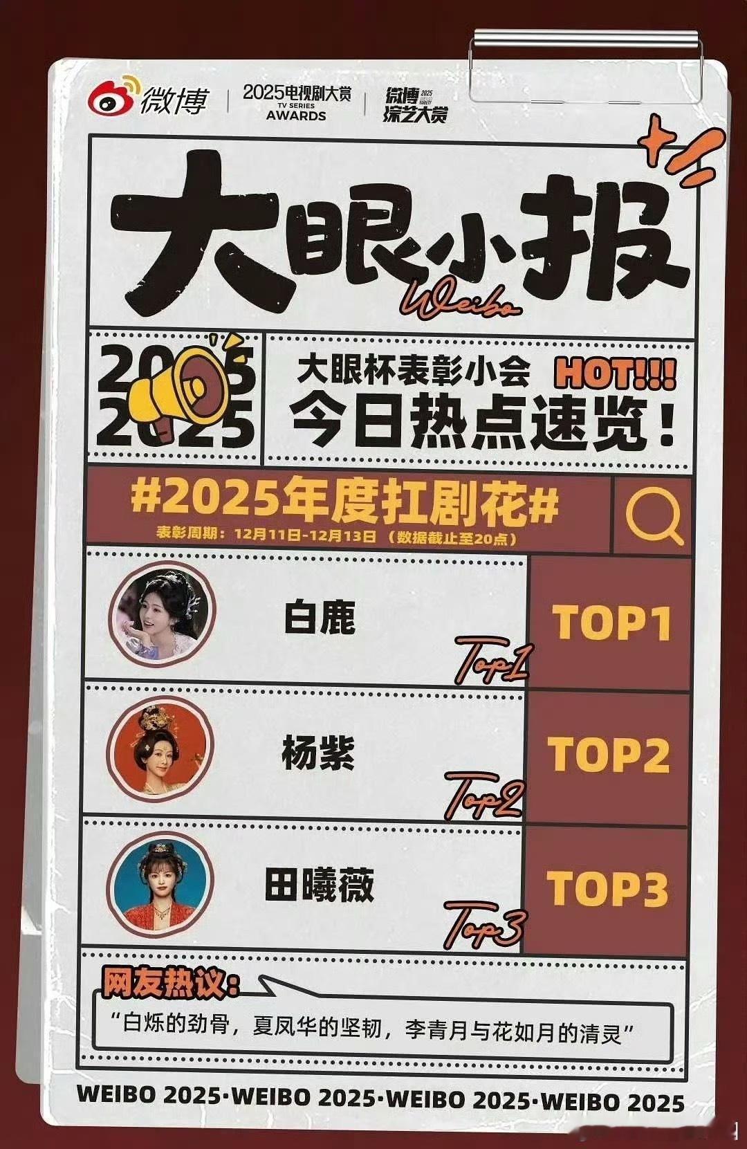 新浪电视认证的2025年度扛剧花：白鹿 杨紫 田曦薇2025年度扛剧花