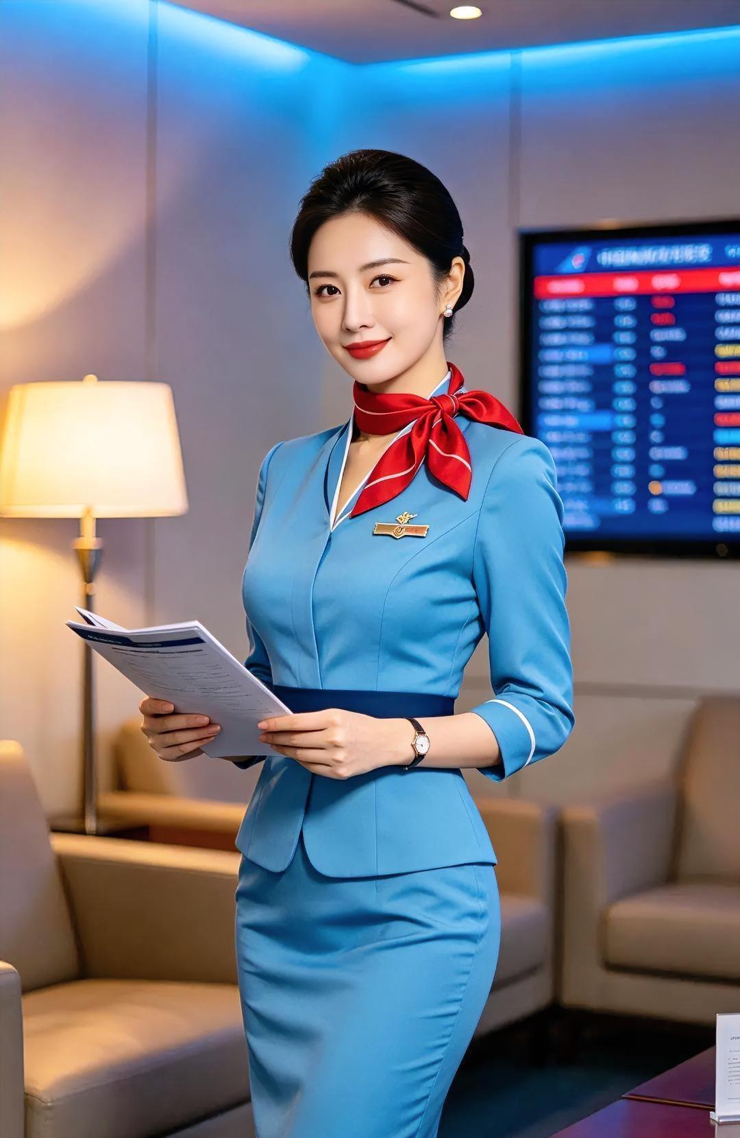 《蓝制服里的温情》

湖蓝制服，裁剪出端庄轮廓，

红丝巾轻系，点亮微笑温婉。