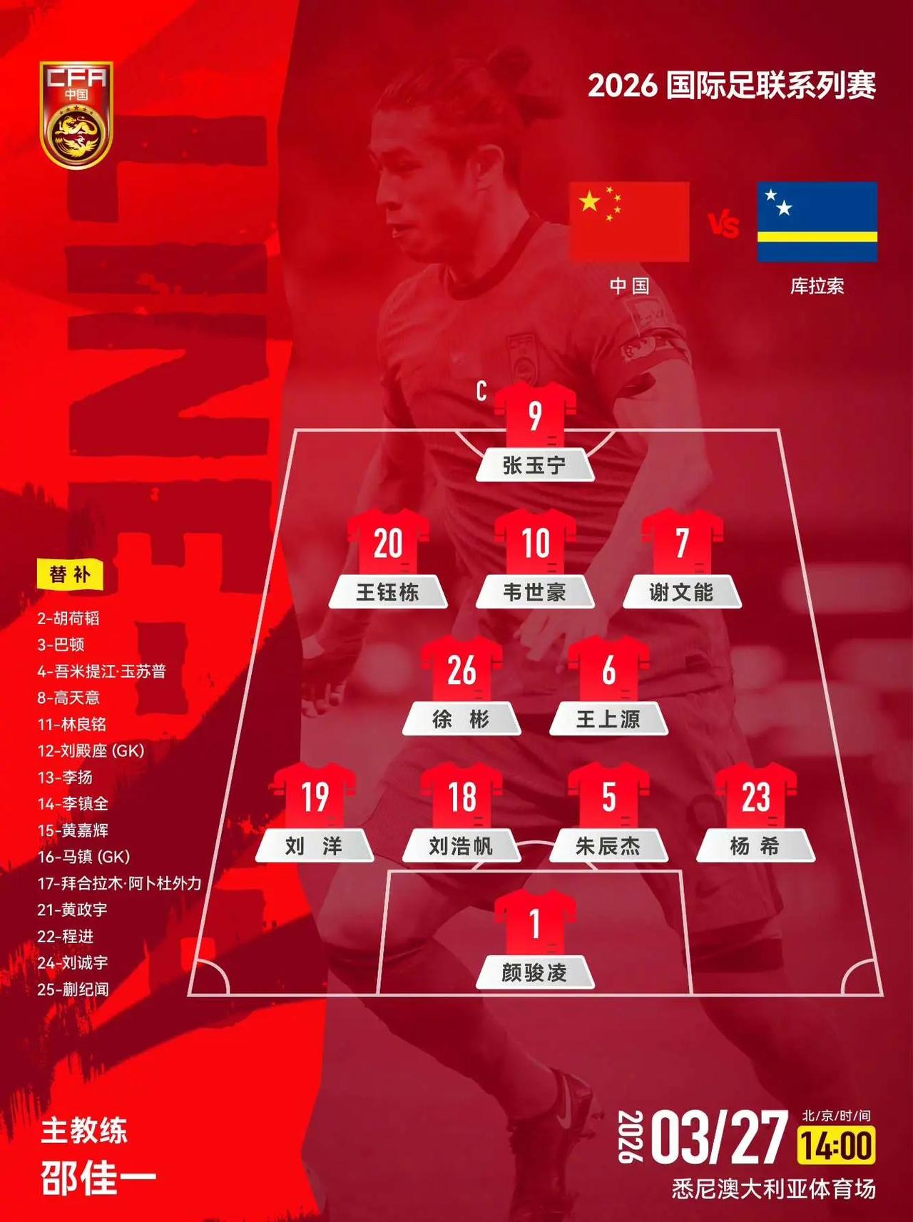 国足踢库拉索首发名单出炉，看了一下首发阵容，邵佳一排出的首发阵容有4名U23球员