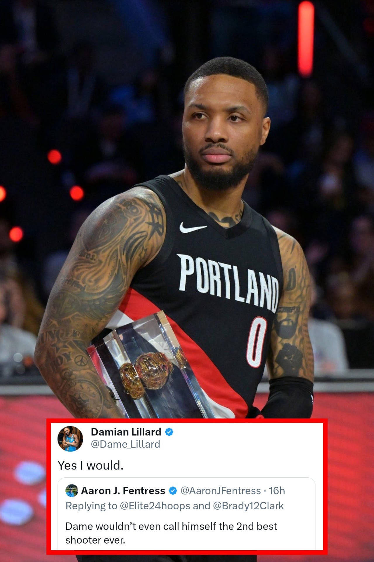 利拉德在回复网友评论时表示，他相信自己是历史第二好的射手NBA