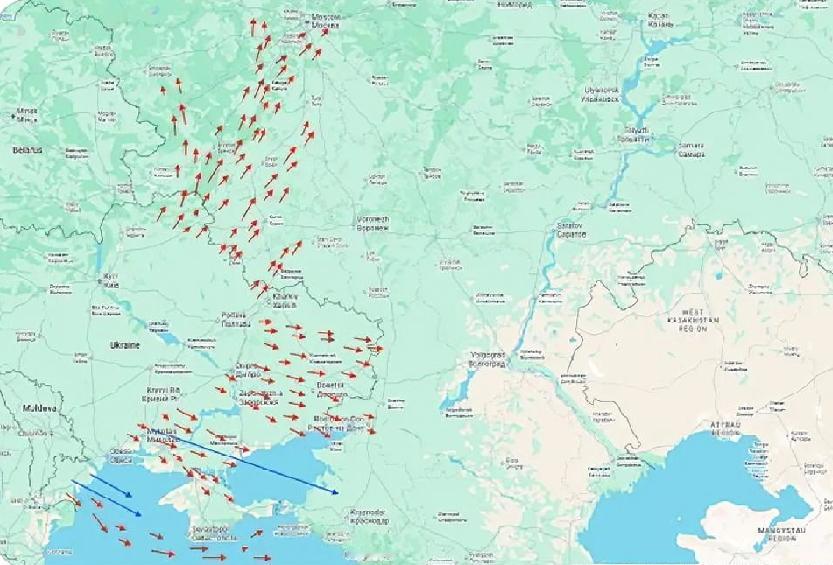 俄罗斯媒体提供的实时地图，追踪无人机和导弹进入俄罗斯及被占领领土的情况。目前，无