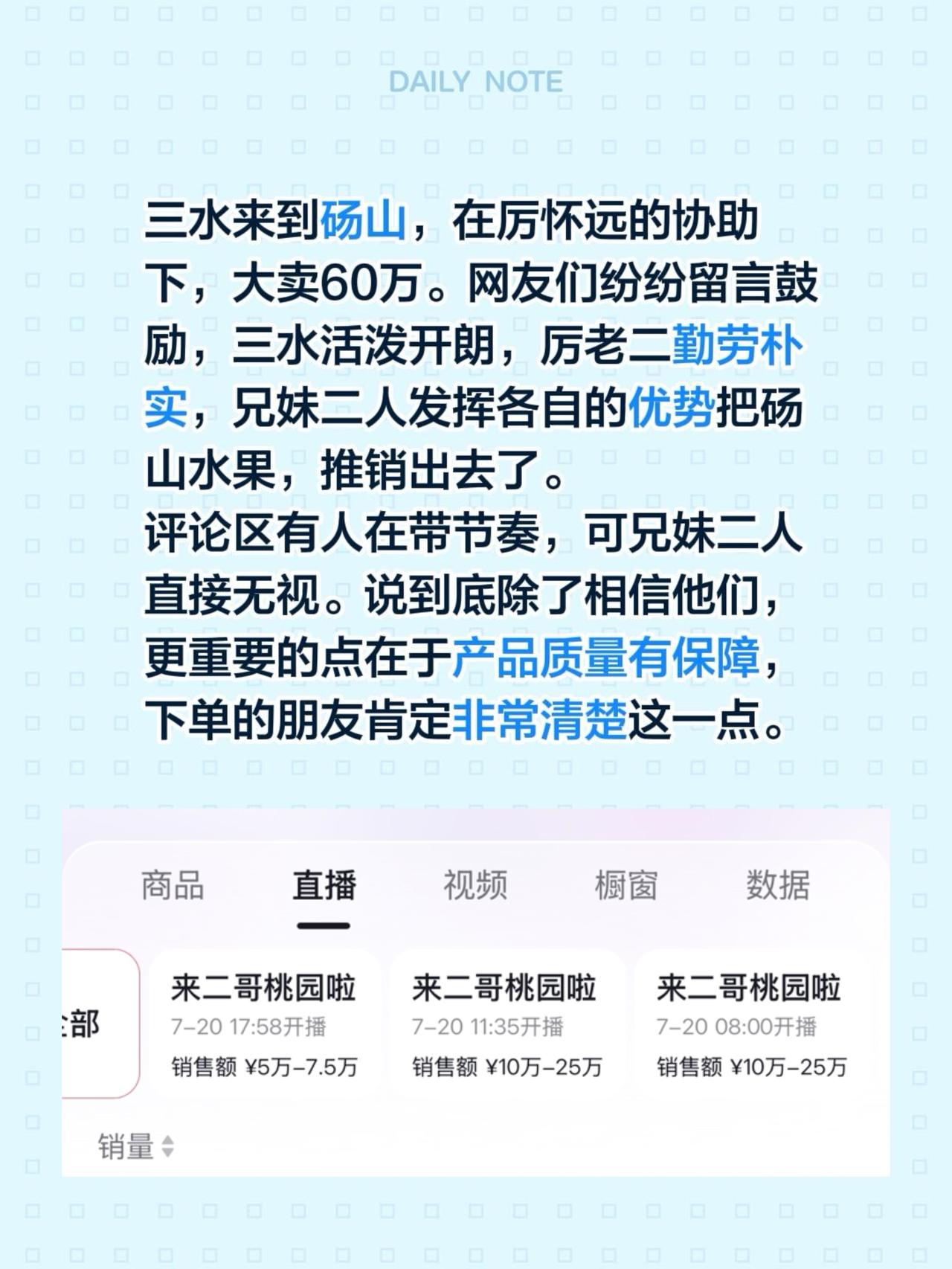 三水来到砀山，在厉怀远的协助下，大卖60万。网友们纷纷留言鼓励，三水活泼开朗，厉
