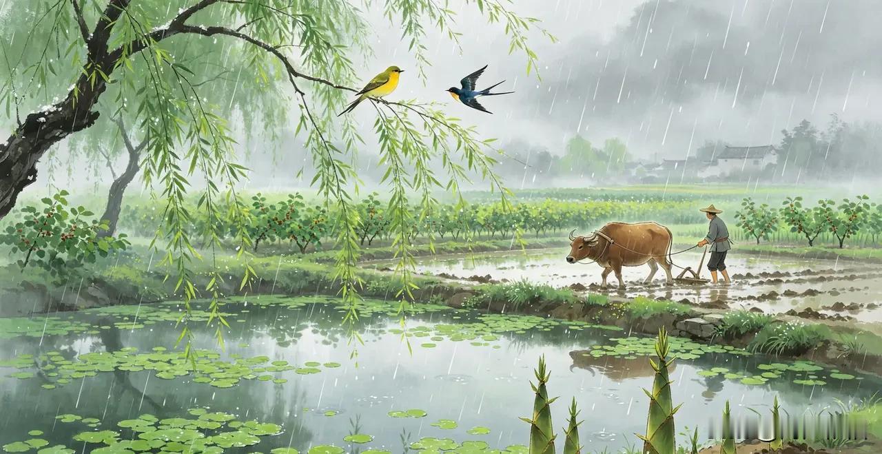 《鹧鸪天·春畴》
 
谷润田畴万物苏，
雨滋桃李满庭隅。
时催布谷催耕早，
分尽