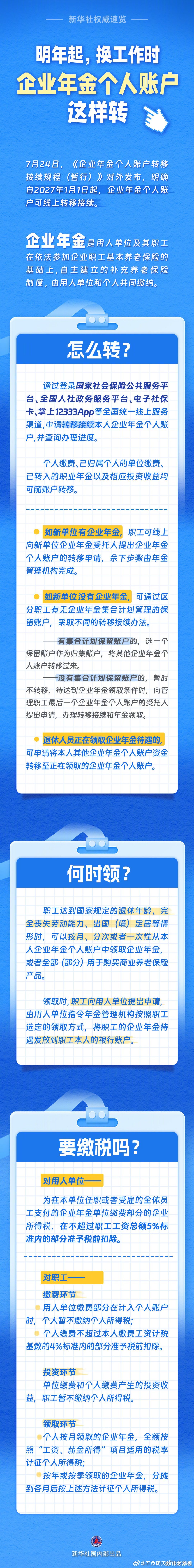 【转需！明年起换工作时企业年金个人账户这样转】企业年金个人账户明年起可线上转移接