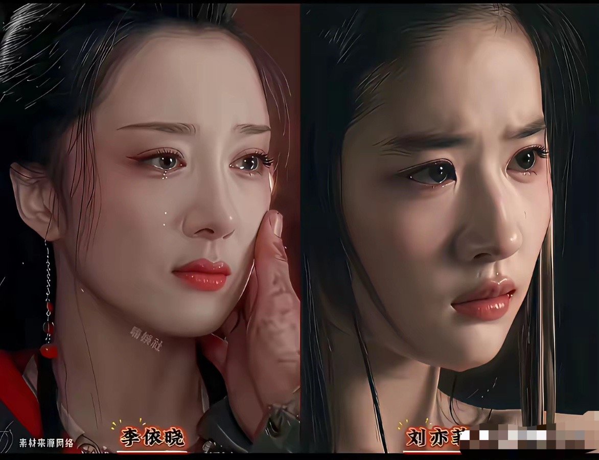 跟李依晓的虞姬比，刘亦菲竟然显得粗糙了。她的化妆不够精致，眉毛太黑粗了些。 