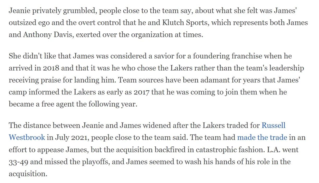 据接近球队的人士称，珍妮-巴斯私下抱怨詹姆斯“过度膨胀的自我”以及他和Klutc