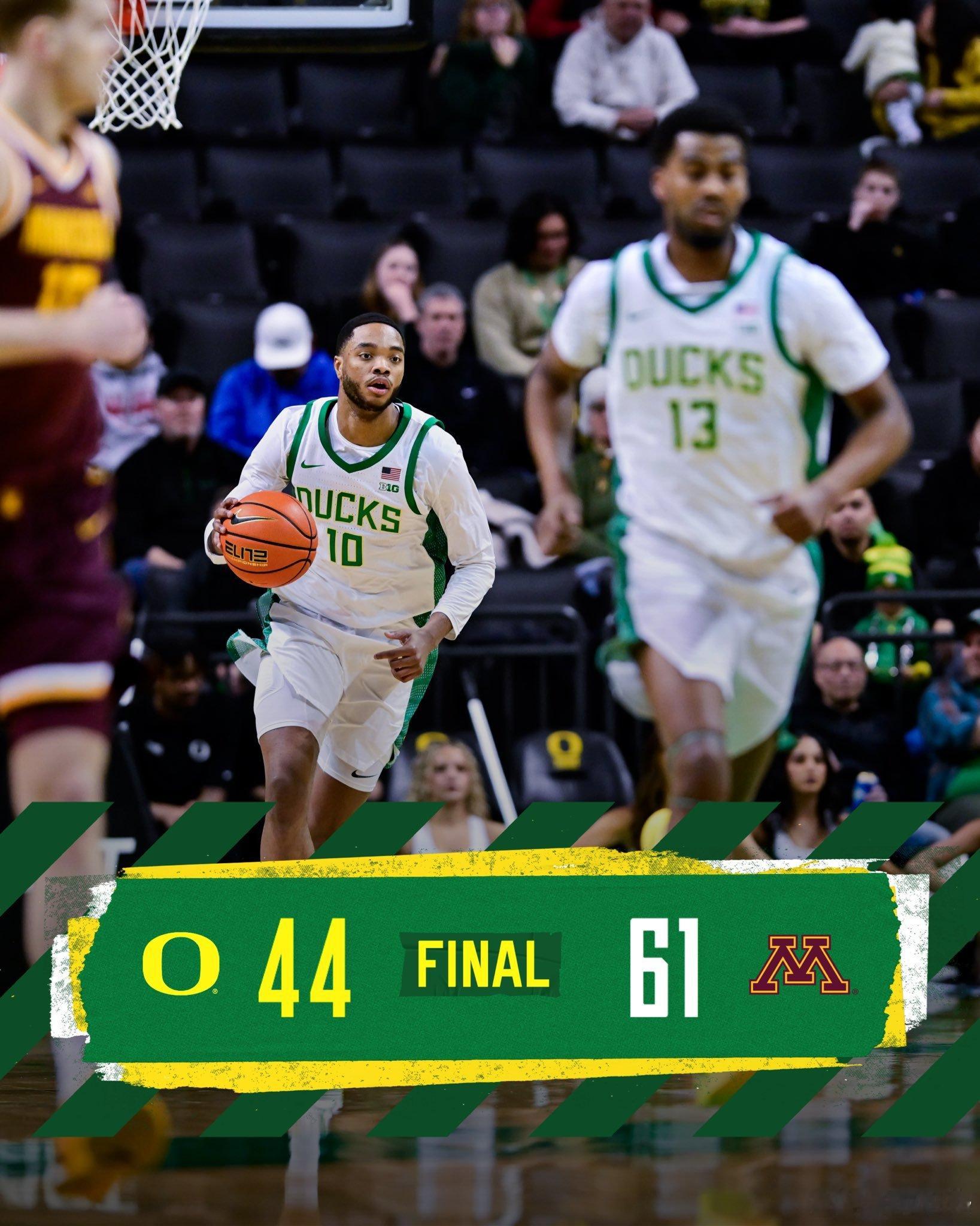 俄勒冈鸭子 主场不敌明尼苏达Nate Bittle 15分7篮板4助攻1抢断2盖