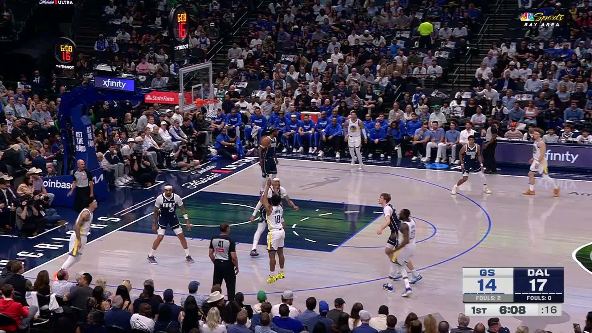 克莱尔三分入账！勇士19:21独行侠。勇士vs独行侠