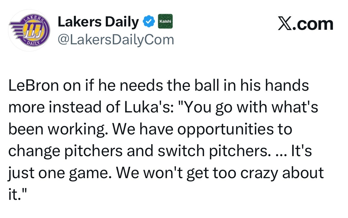 勒布朗被问及是否需要比卢卡更多掌控球权时表示：“我们得沿用之前奏效的打法，我们有