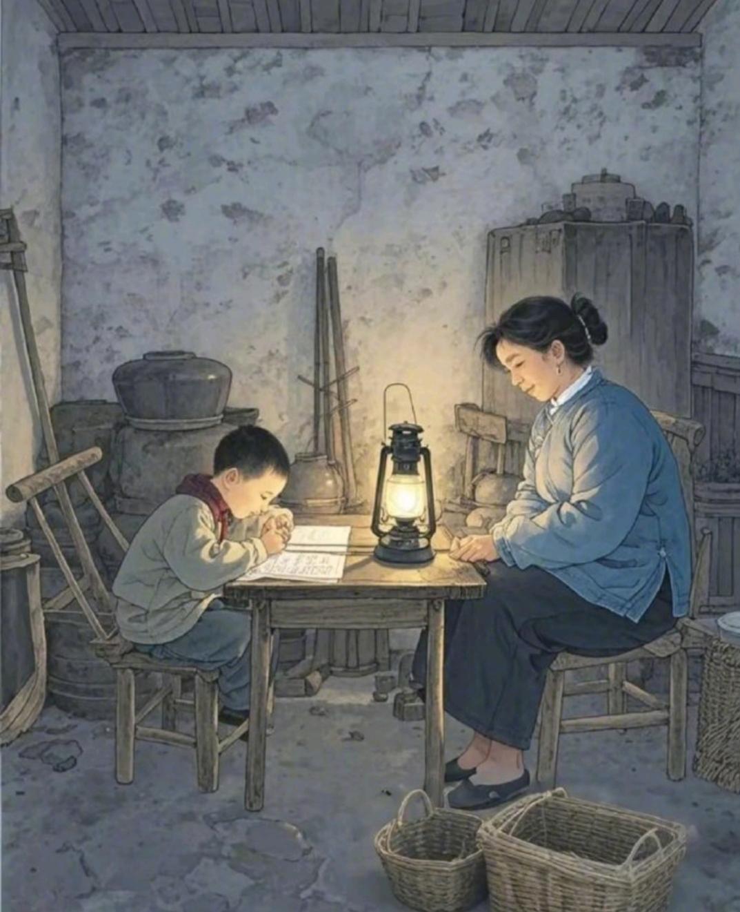 六一了
回忆起小时候
妈妈，煤油灯，我。
