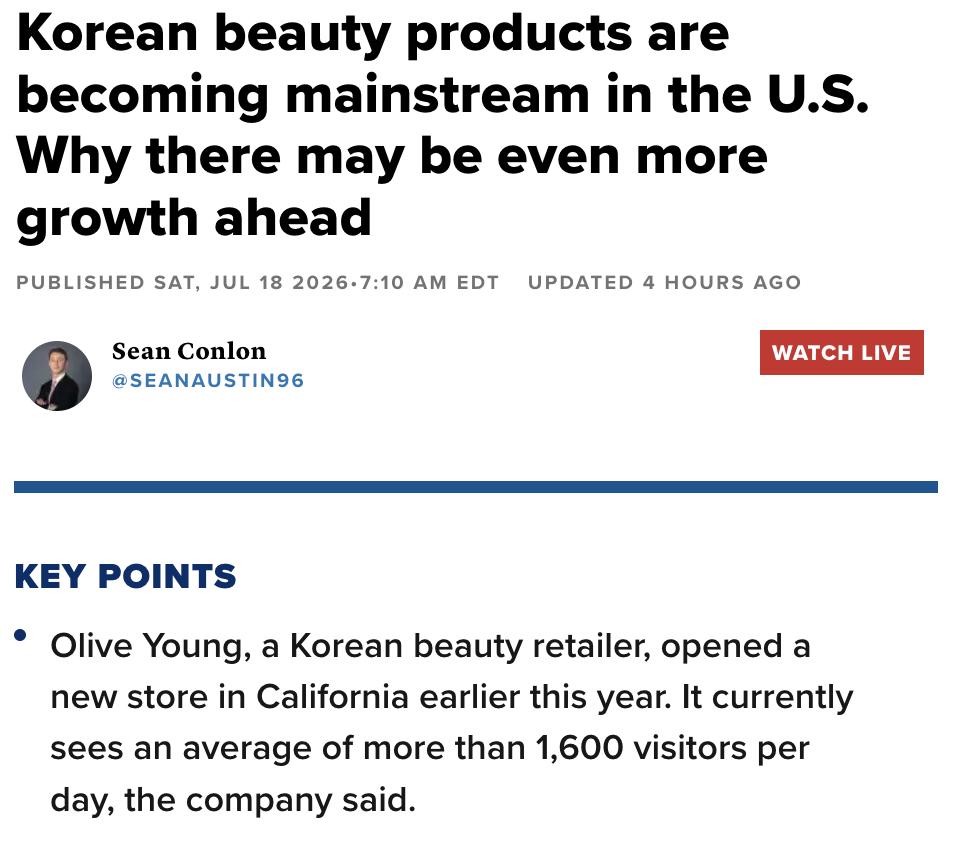 美媒：韩国美妆产品正成为美国主流消费趋势。

韩国美妆零售商Olive Youn