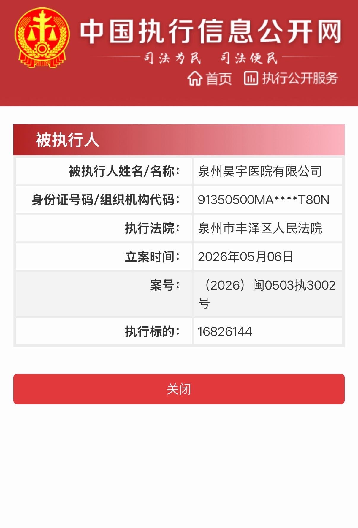 近日，泉州市丰泽区人民法院发布执行公告，被执行人泉州昊宇医院有限公司，因欠付房屋
