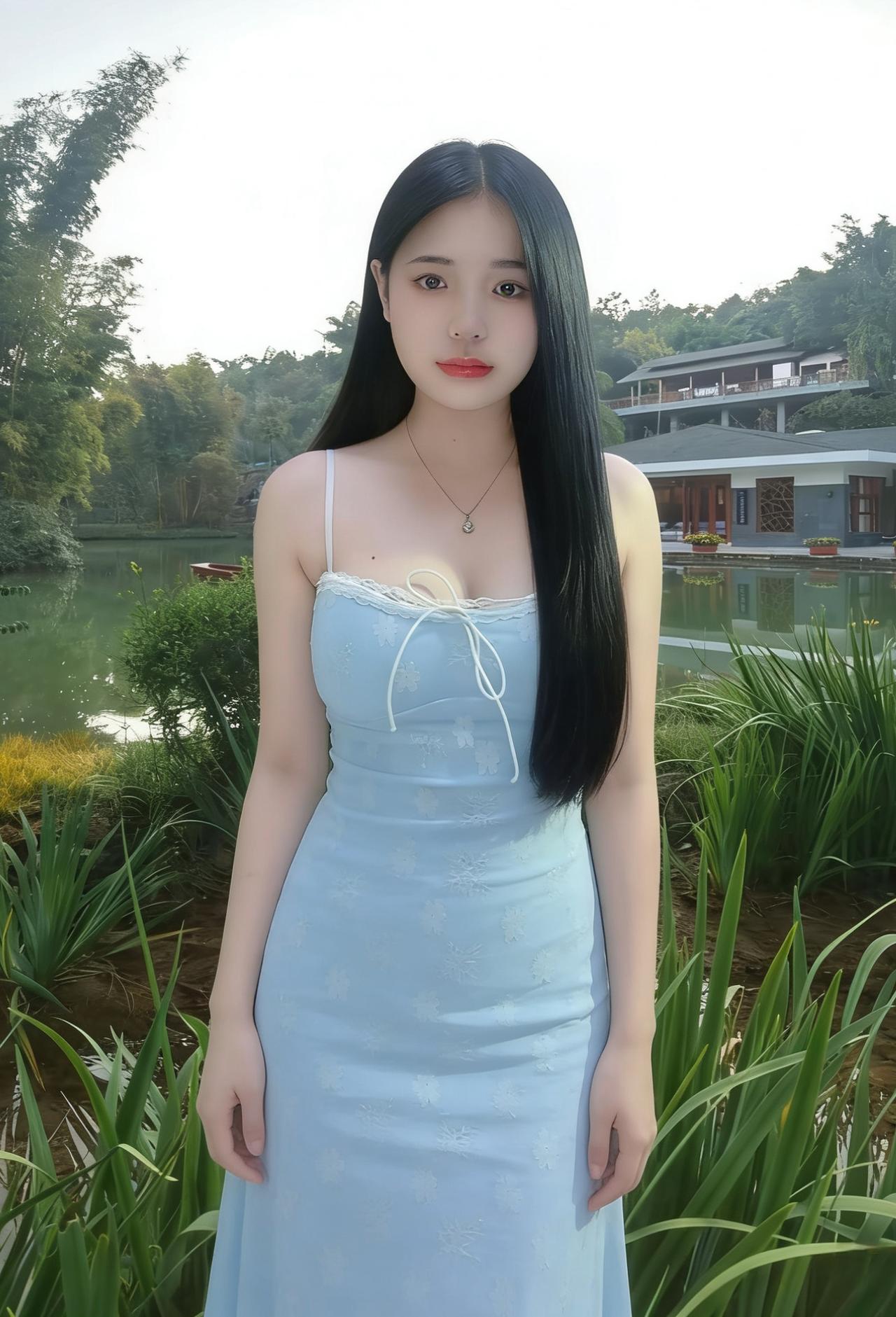 翠影绕轻罗，明眸映碧波。
蓝裙凝素雪，不语自婀娜。