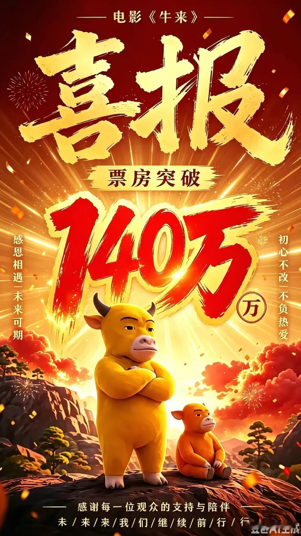 真零成本，甚至连票房突破多少的这种海报都是ai做的。
看到《牛来》票房上涨的其他
