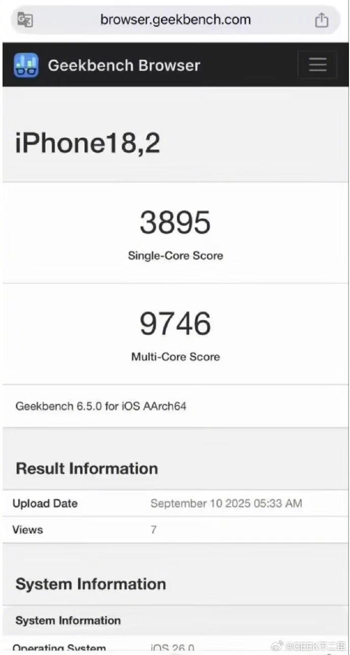 iPhone 17 Pro内置的A19 Pro芯片，单核成绩达3895分，多核成