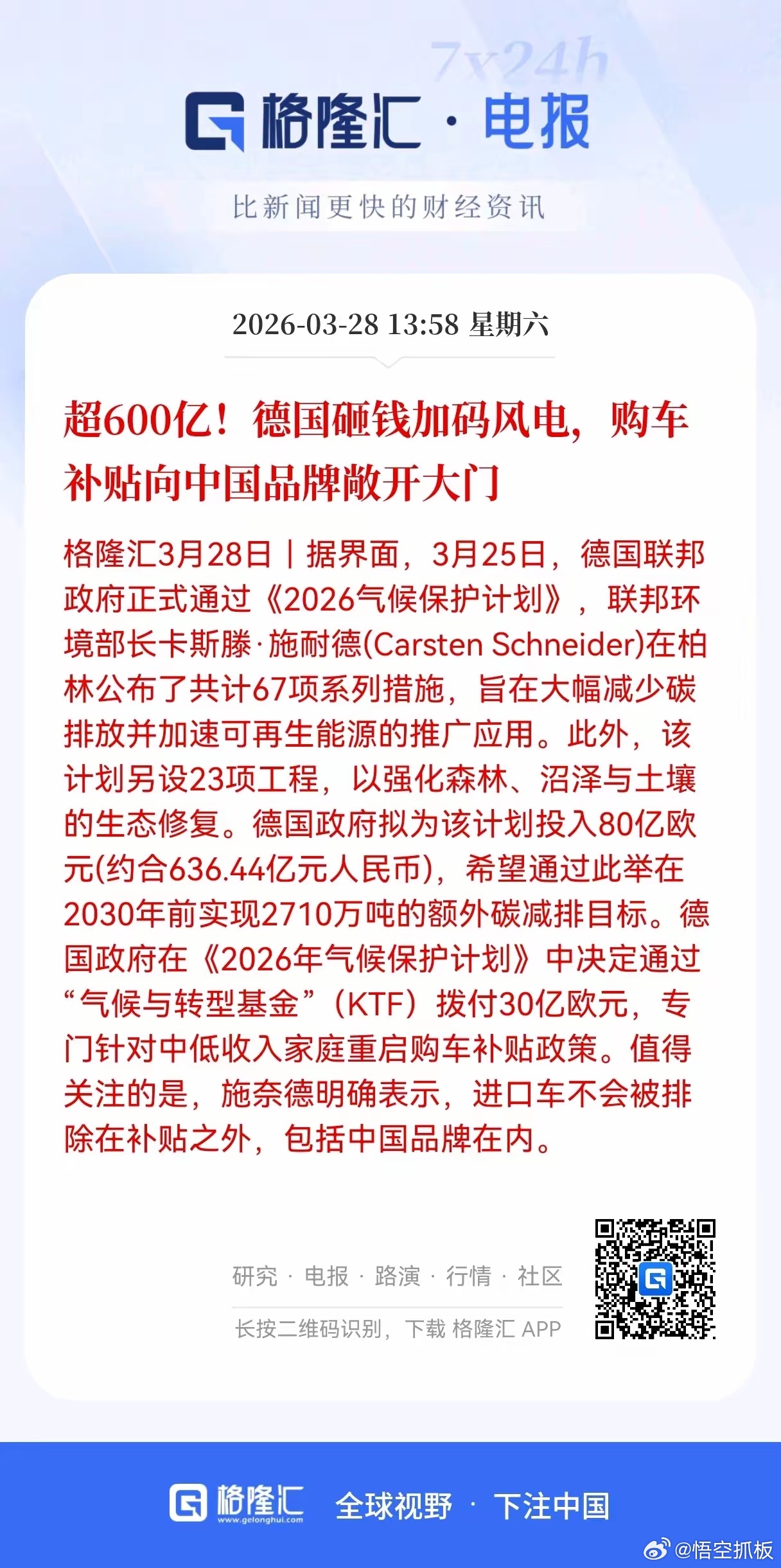 利好！重大利好消息！风电、新能源车迎来利好消息！德国砸下600亿加码风电，购车补