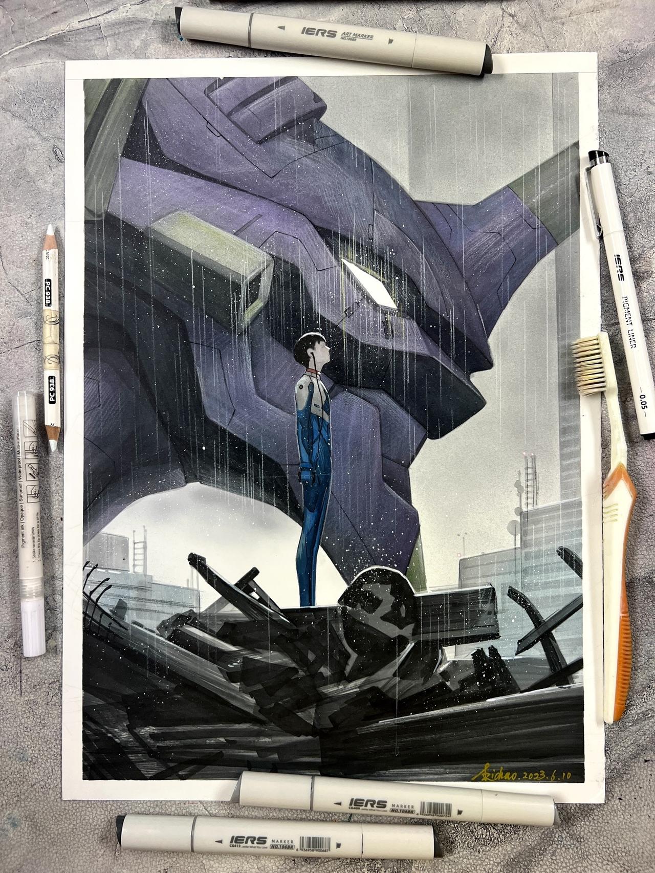 马克笔手绘eva破真嗣 绘制过程#马克笔绘画 #eva #动漫手绘